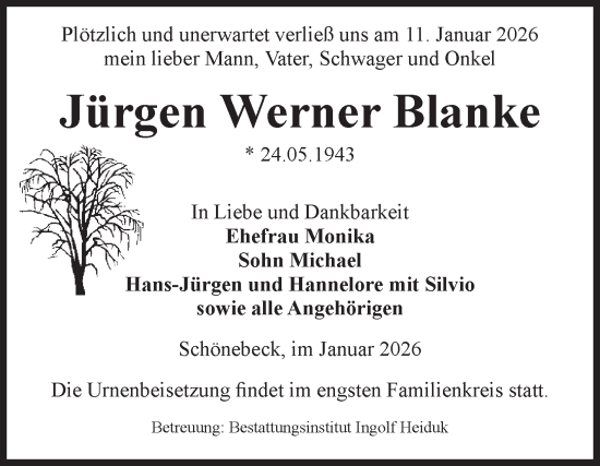 Traueranzeige von Jürgen Werner Blanke von Volksstimme Schönebeck