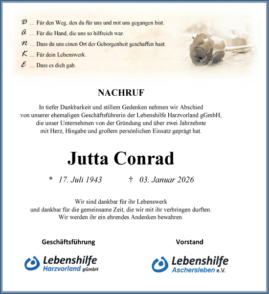 Traueranzeige von Jutta Conrad von Mitteldeutsche Zeitung Aschersleben