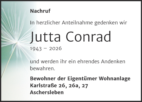 Traueranzeige von Jutta Conrad von Trauerkombi Aschersleben