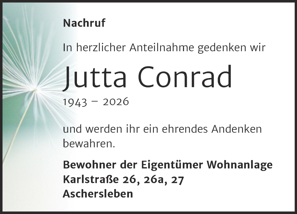  Traueranzeige für Jutta Conrad vom 17.01.2026 aus Trauerkombi Aschersleben