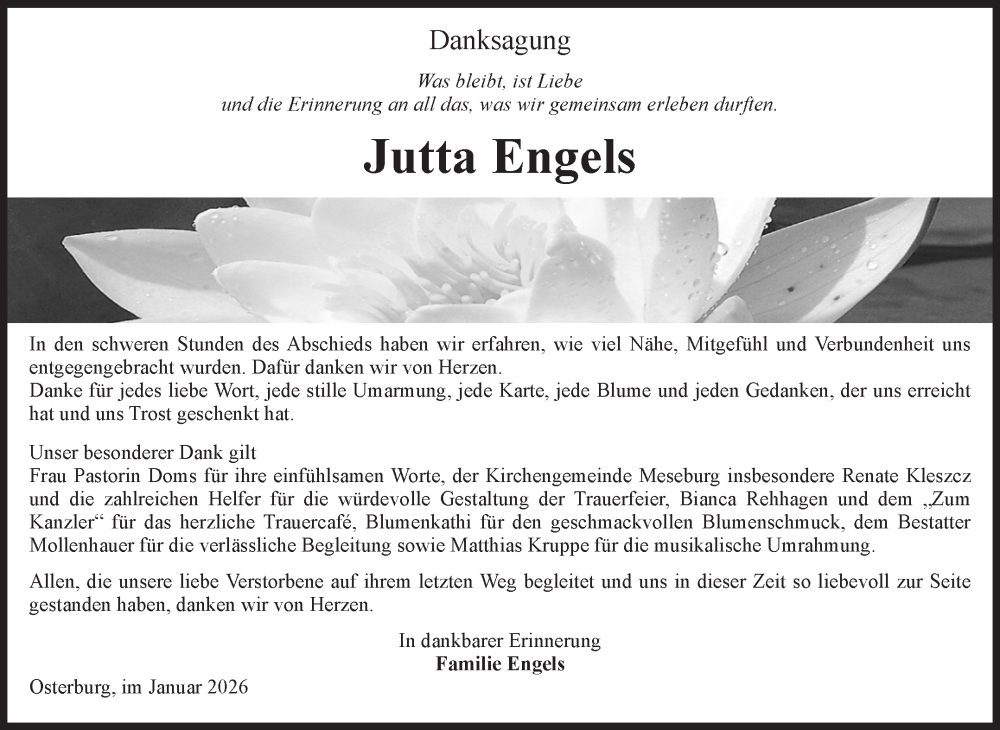  Traueranzeige für Jutta Engels vom 24.01.2026 aus Volksstimme Altmark Ost