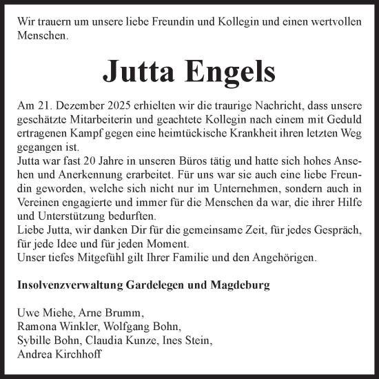 Traueranzeige von Jutta Engels von Volksstimme Altmark Ost