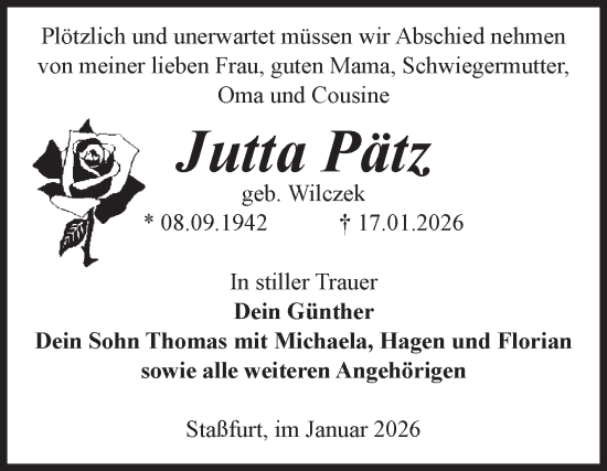 Traueranzeige von Jutta Pätz 