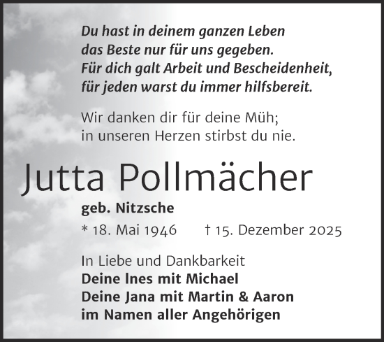 Traueranzeige von Jutta Pollmächer von Trauerkombi Weißenfels