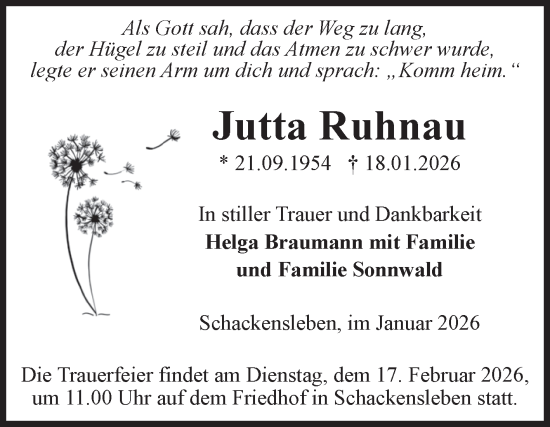 Traueranzeige von Jutta Ruhnau von Volksstimme Haldensleben/Wolmirstedt