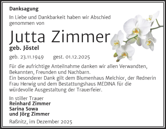 Traueranzeige von Jutta Zimmer von Trauerkombi Merseburg