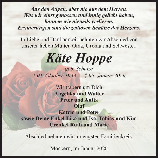 Traueranzeige von Käte Hoppe von Volksstimme Burg/Genthin