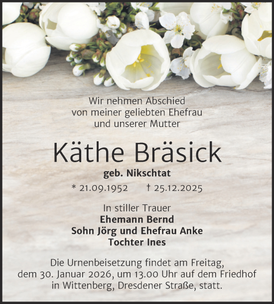 Traueranzeige von Käthe Bräsick von Trauerkombi Wittenberg