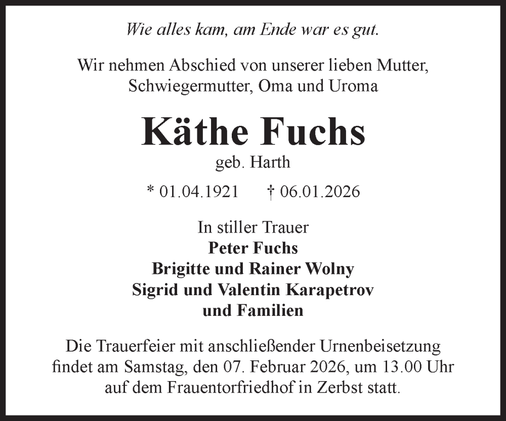  Traueranzeige für Käthe Fuchs vom 31.01.2026 aus Volksstimme Zerbst