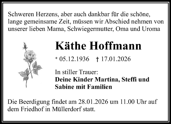 Traueranzeige von Käthe Hoffmann von Mitteldeutsche Zeitung Halle/Saalkreis