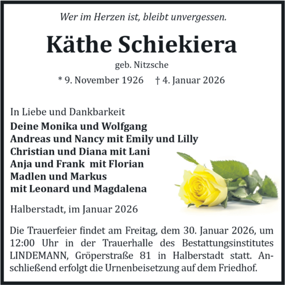  Traueranzeige für Käthe Schiekiera vom 10.01.2026 aus Volksstimme Halberstadt