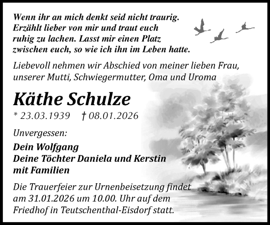 Traueranzeige von Käthe Schulze von Trauerkombi Dessau