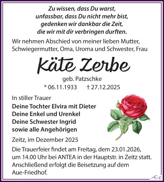 Traueranzeige von Käthe Zerbe von Trauerkombi Zeitz