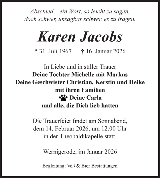 Traueranzeige von Karen Jacobs von Volksstimme Wernigerode