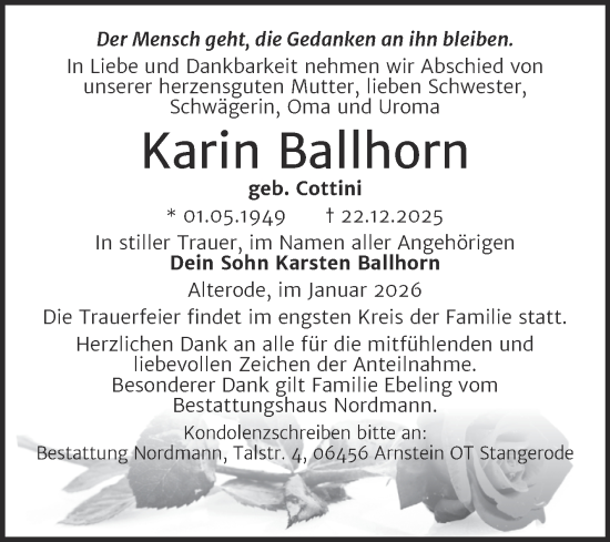 Traueranzeige von Karin Ballhorn von Trauerkombi Mansfelder Land