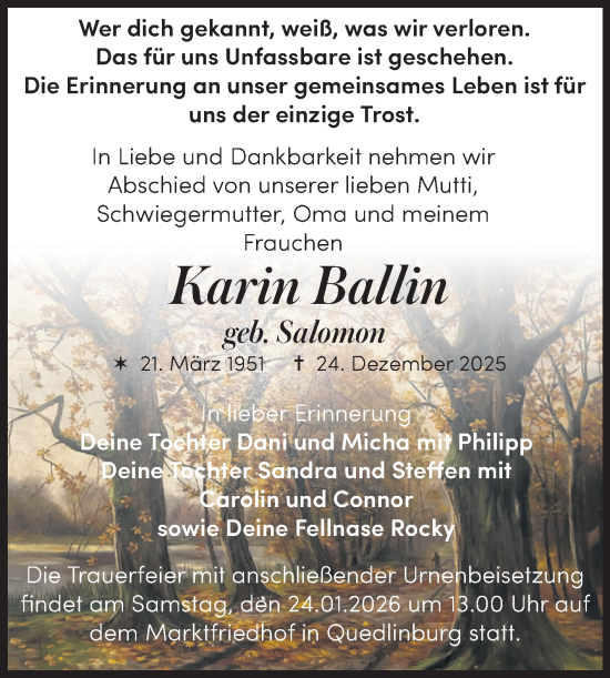 Traueranzeige von Karin Ballin von Trauerkombi Quedlinburg