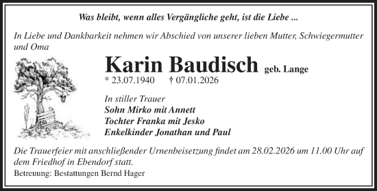 Traueranzeige von Karin Baudisch von Volksstimme Magdeburg