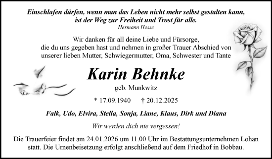 Traueranzeige von Karin Behnke von Trauerkombi Bitterfeld