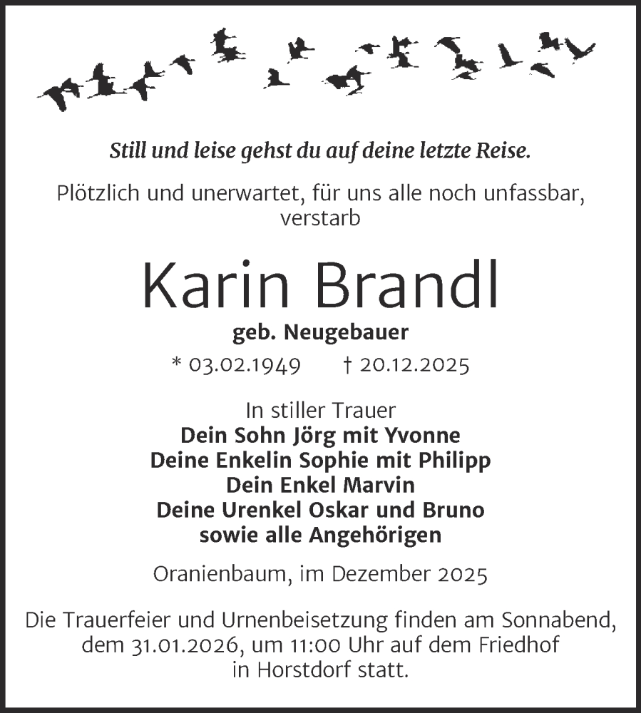  Traueranzeige für Karin Brandl vom 24.01.2026 aus Trauerkombi Wittenberg