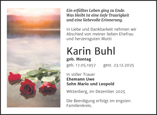 Traueranzeige von Karin Buhl von Trauerkombi Wittenberg