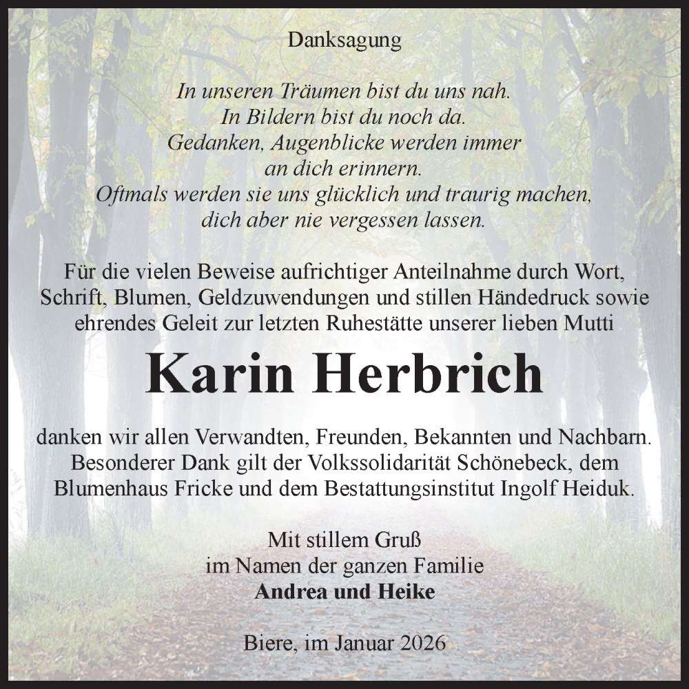  Traueranzeige für Karin Herbrich vom 17.01.2026 aus Volksstimme Schönebeck