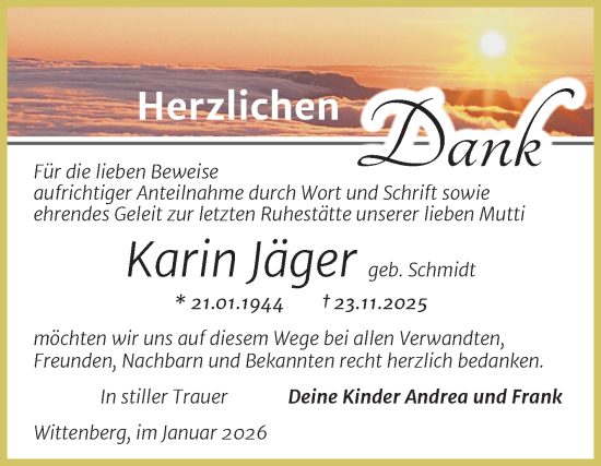 Traueranzeige von Karin Jäger von Trauerkombi Wittenberg