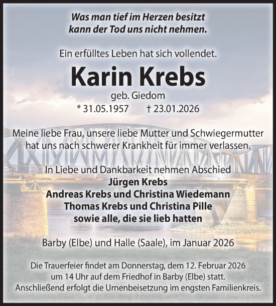 Traueranzeige von Karin Krebs von Volksstimme Schönebeck