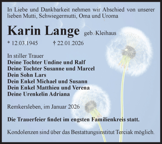 Traueranzeige von Karin Lange von Volksstimme Oschersleben/Wanzleben