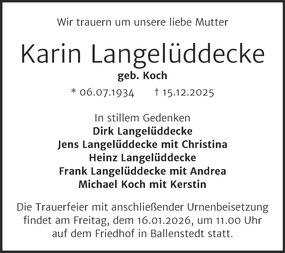  Traueranzeige für Karin Langelüddecke vom 03.01.2026 aus Mitteldeutsche Zeitung Halle/Saalkreis