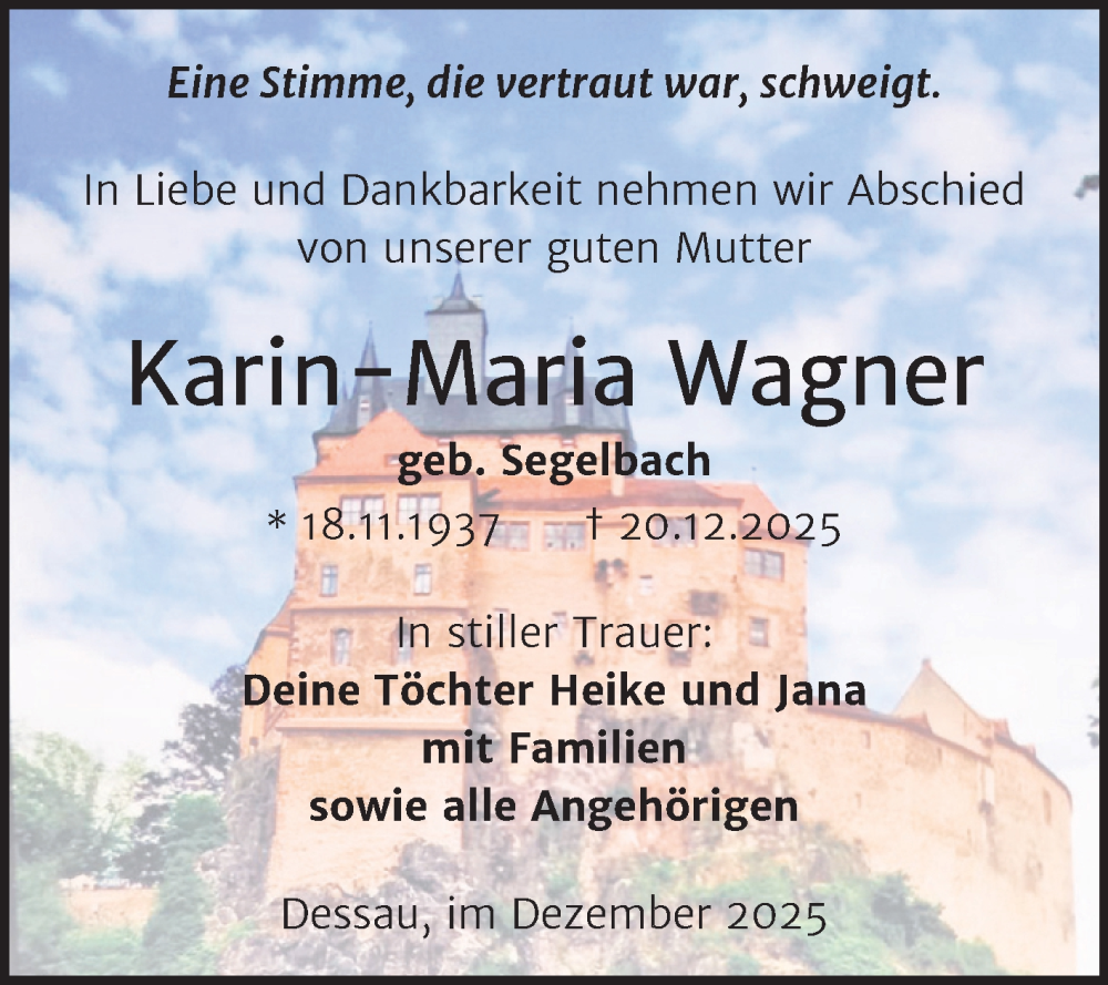  Traueranzeige für Karin-Maria Wagner vom 03.01.2026 aus Trauerkombi Dessau