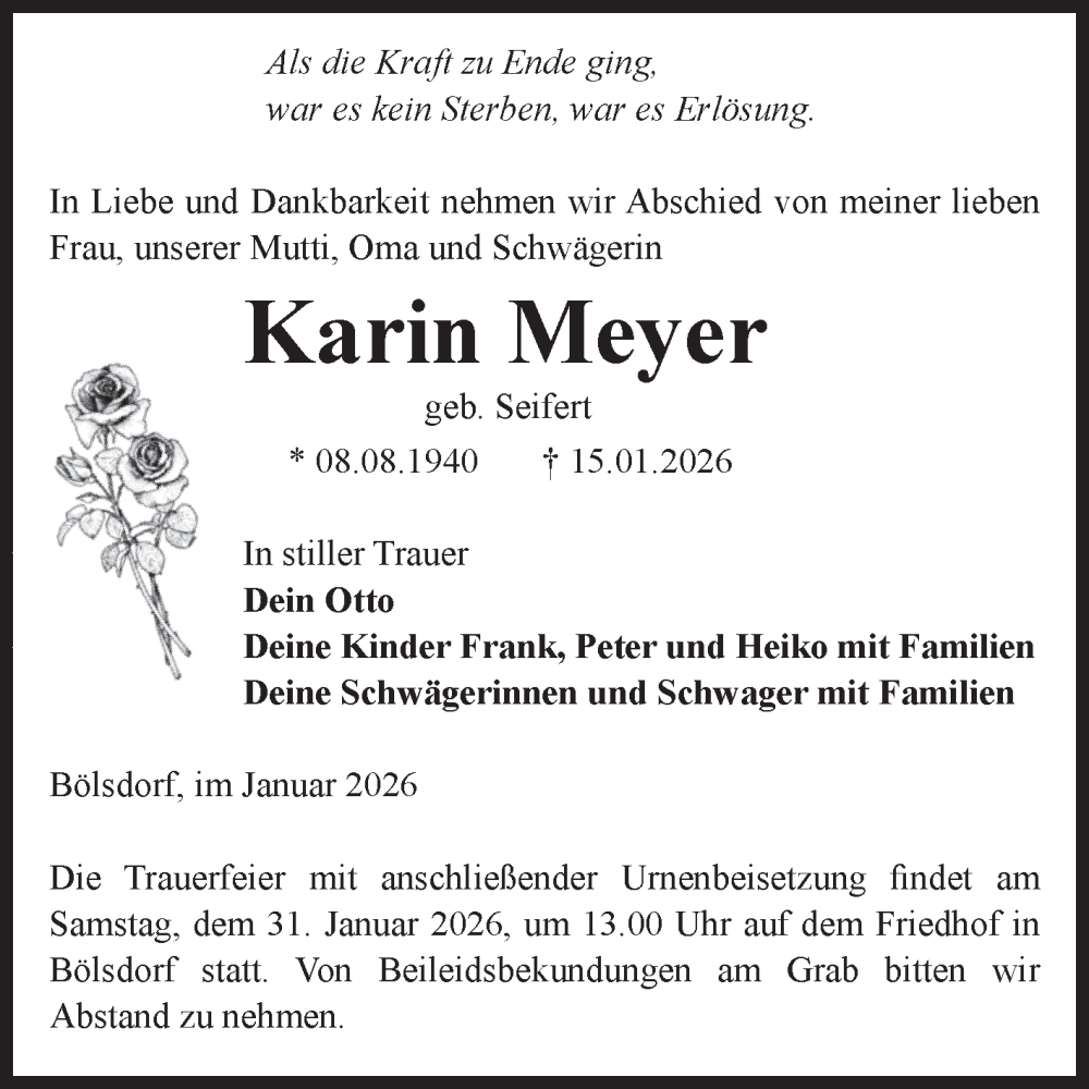  Traueranzeige für Karin Meyer vom 24.01.2026 aus Volksstimme Altmark Ost