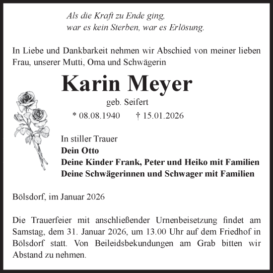 Traueranzeige von Karin Meyer von Volksstimme Altmark Ost