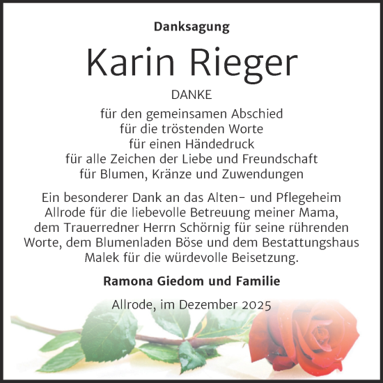 Traueranzeige von Karin Rieger von Trauerkombi Quedlinburg