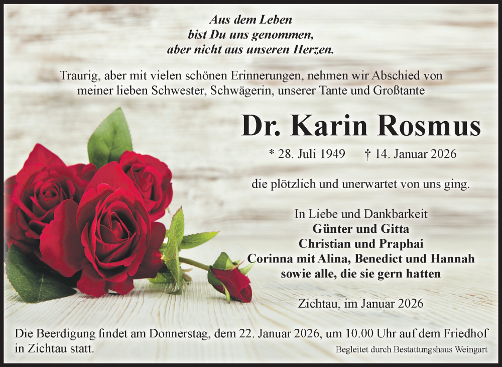  Traueranzeige für Karin Rosmus vom 20.01.2026 aus Volksstimme Altmark West