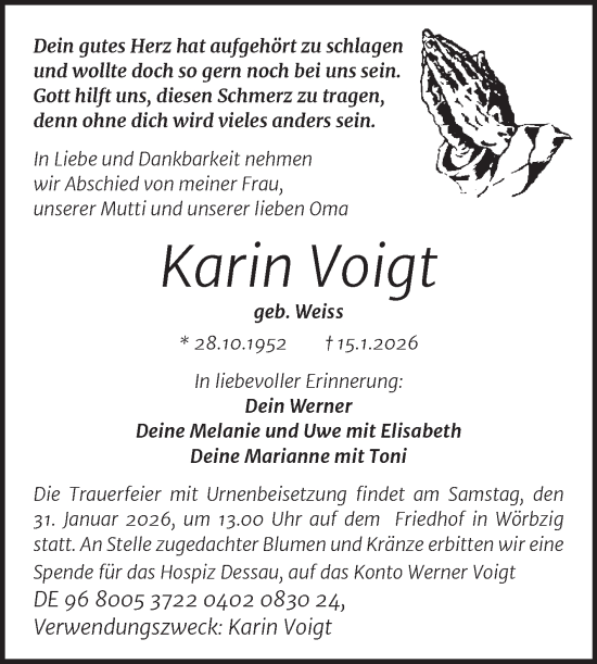 Traueranzeige von Karin Voigt von Trauerkombi Köthen