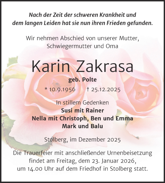 Traueranzeige von Karin Zakrasa von Trauerkombi Sangerhausen