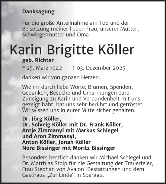 Traueranzeige von Karin Brigitte Köller von Trauerkombi Merseburg