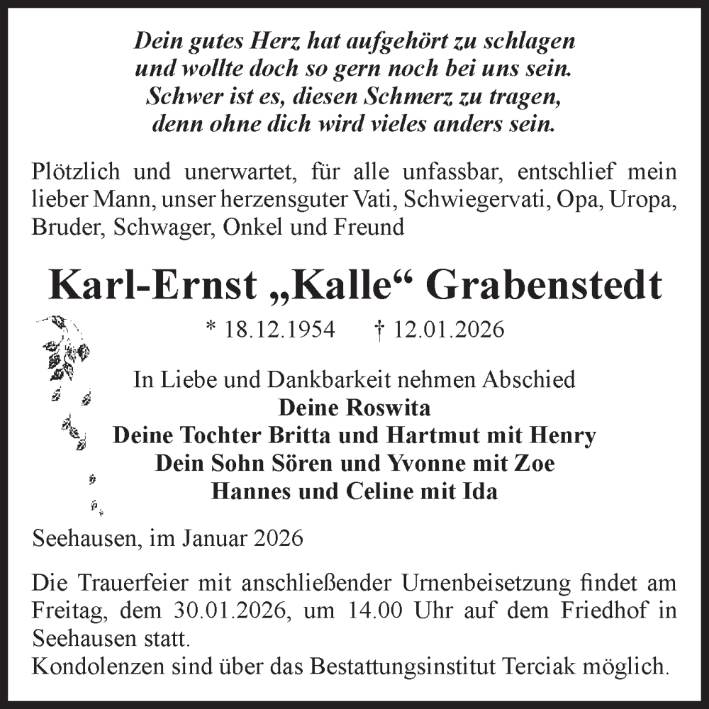  Traueranzeige für Karl-Ernst Grabenstedt vom 17.01.2026 aus Volksstimme Oschersleben/Wanzleben