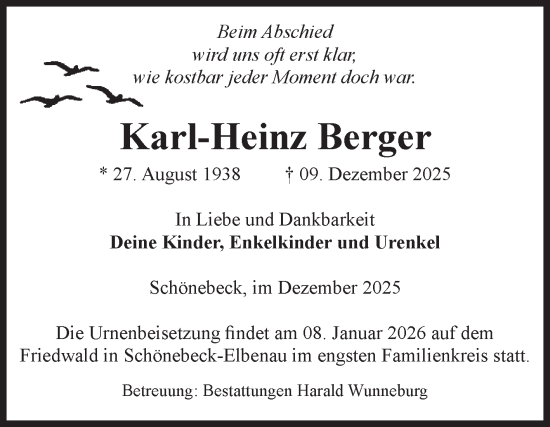 Traueranzeige von Karl-Heinz Berger von Volksstimme Schönebeck