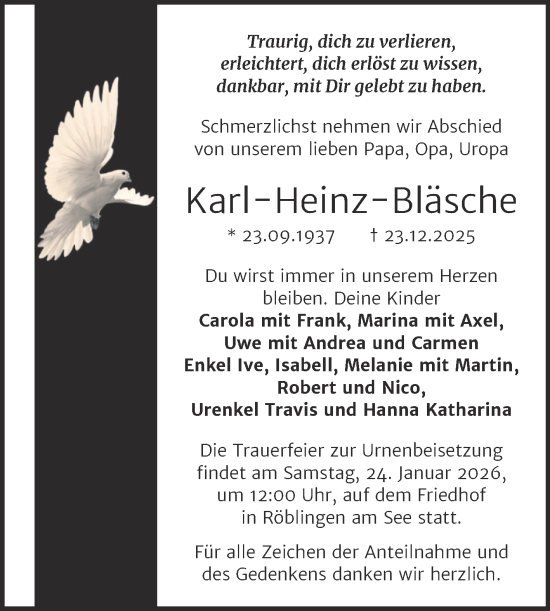 Traueranzeige von Karl-Heinz Bläsche von Trauerkombi Mansfelder Land