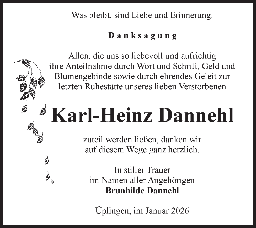  Traueranzeige für Karl-Heinz Dannehl vom 31.01.2026 aus Volksstimme Oschersleben/Wanzleben