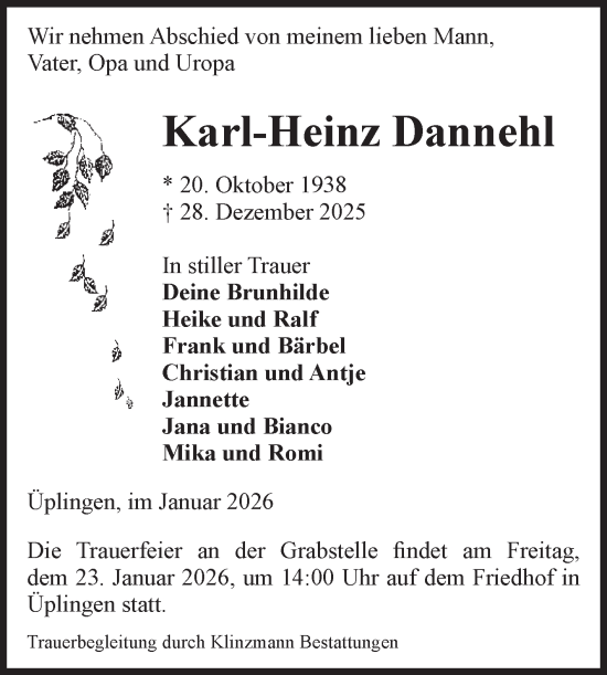 Traueranzeige von Karl-Heinz Dannehl von Volksstimme Oschersleben/Wanzleben