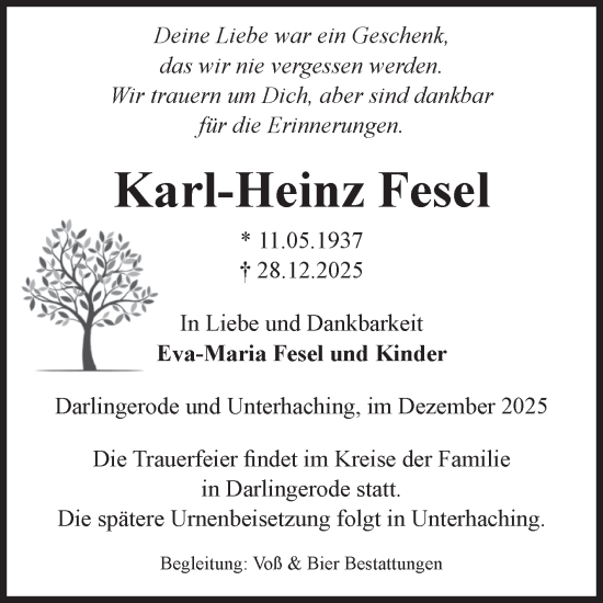 Traueranzeige von Karl-Heinz Fesel von Volksstimme Wernigerode