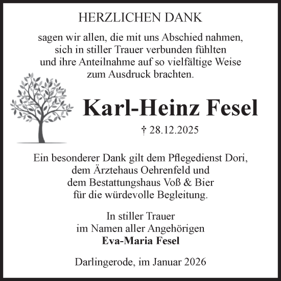 Traueranzeige von Karl-Heinz Fesel von Volksstimme Wernigerode