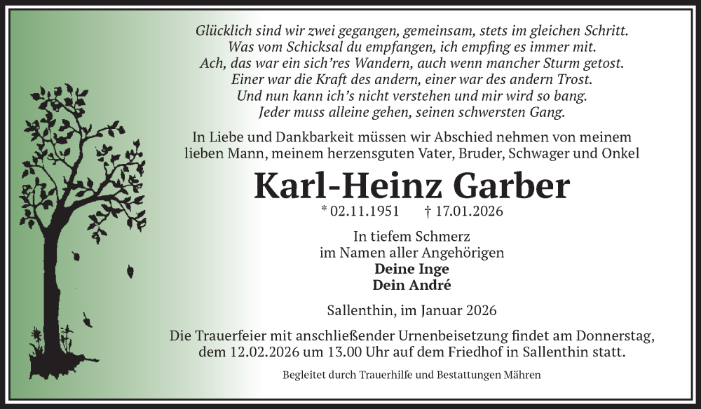  Traueranzeige für Karl-Heinz Garber vom 23.01.2026 aus Volksstimme Altmark West