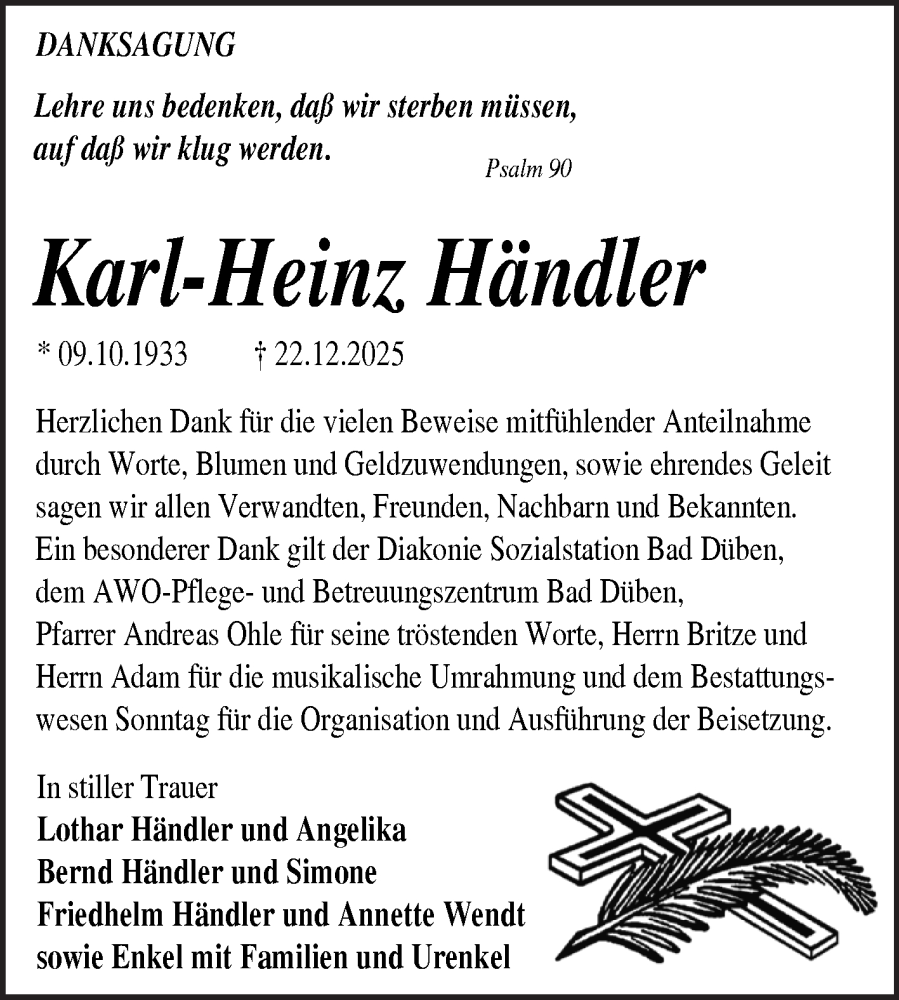  Traueranzeige für Karl-Heinz Händler vom 17.01.2026 aus Trauerkombi Wittenberg