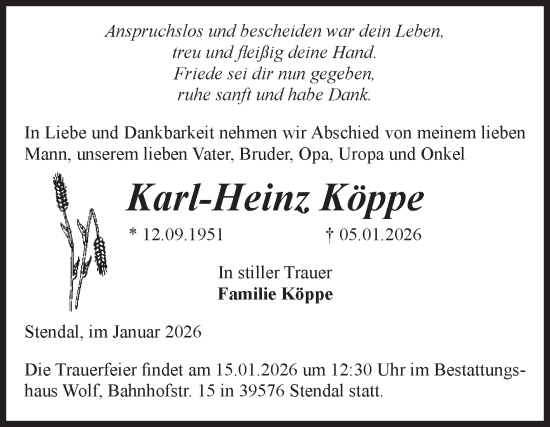 Traueranzeige von Karl-Heinz Köppe von Volksstimme Altmark Ost