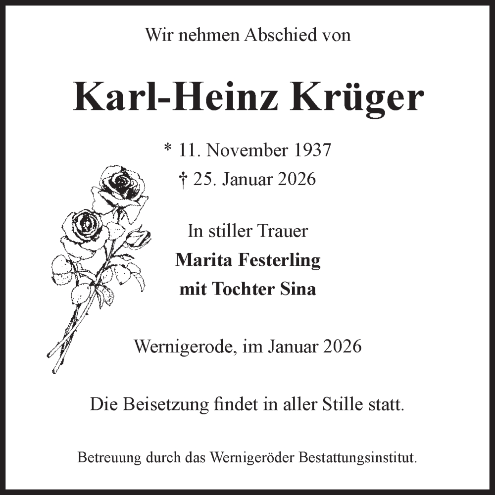  Traueranzeige für Karl-Heinz Krüger vom 31.01.2026 aus Volksstimme Wernigerode