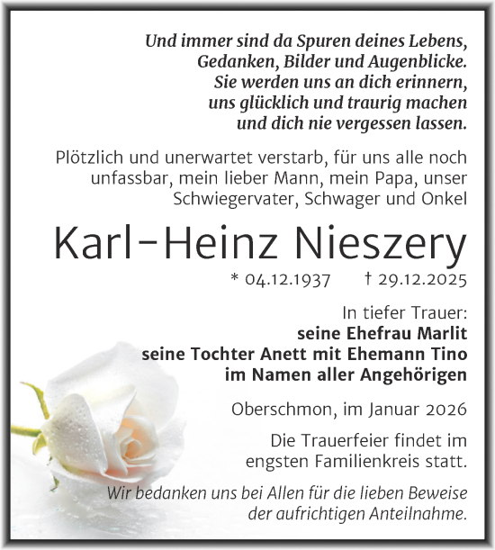 Traueranzeige von Karl-Heinz Nieszery von Trauerkombi Merseburg