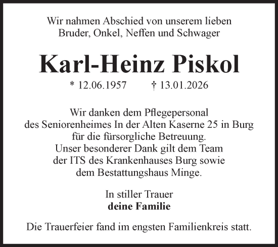 Traueranzeige von Karl-Heinz Piskol von Volksstimme Burg/Genthin